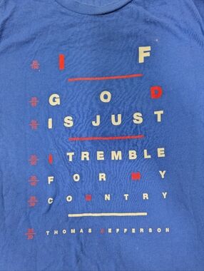 Blue Graphic Tee with Patriotic Eyechart Text Sz L